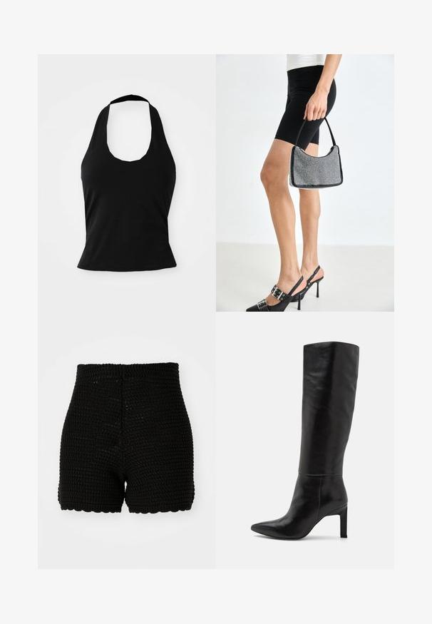 Schwarzes Halftertop aus weichem Stoff, mit einem U-Bootausschnitt und einer figurschmeichelnden Silhouette, glatter Textur und ohne sichtbare Muster.; Schwarze Häkelshorts mit geripptem Muster, hohem Bund und gewelltem Saum. Entworfen für eine figurbetonte Passform und aus atmungsaktivem Material.; Knöchelhohe schwarze Leder-Stiletto-Stiefel mit spitzer Zehe und glatter Oberfläche. Der Blockabsatz sorgt für Stabilität im Design.; Schwarze Perlen-Handtasche mit geschwungener Silhouette, Tragegriff und glänzender Textur. Kombiniert mit schwarzen High Heels und enganliegenden schwarzen Shorts.