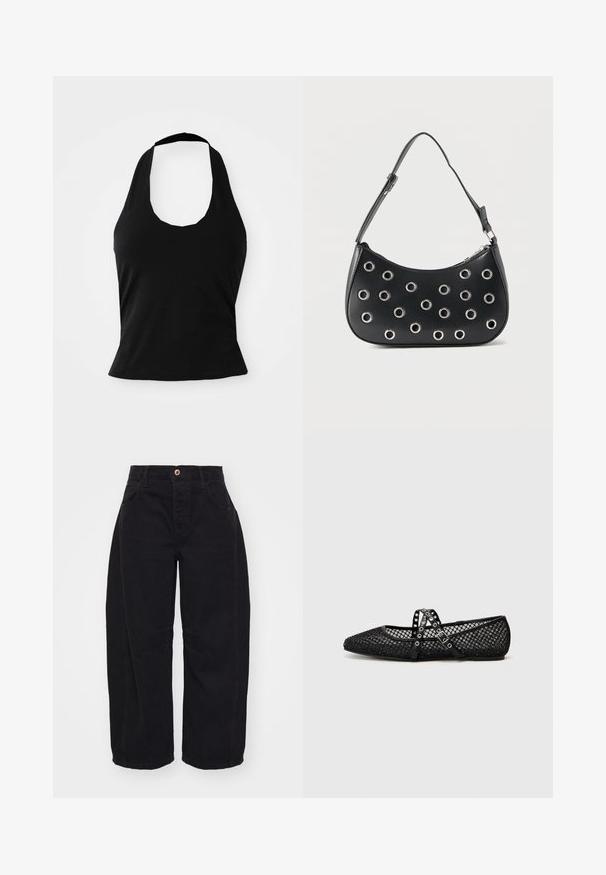 Sort halterneck top lavet af blød stof, med en scoop halsudskæring og en tætsiddende silhuet, med en glat tekstur og uden synlige mønstre.; Free People GOOD LUCK MID RISE BARREL - Jeans Relaxed Fit - soundwave; Sorte mesh ballet flats med spidse tæer, prydet med krydskorte stropper, der har sølvnitter og et tekstureret design.; Sort læder skuldertaske med justerbar rem, dekoreret med sølvfarvede metalnitter og lukning med øverste lynlås.