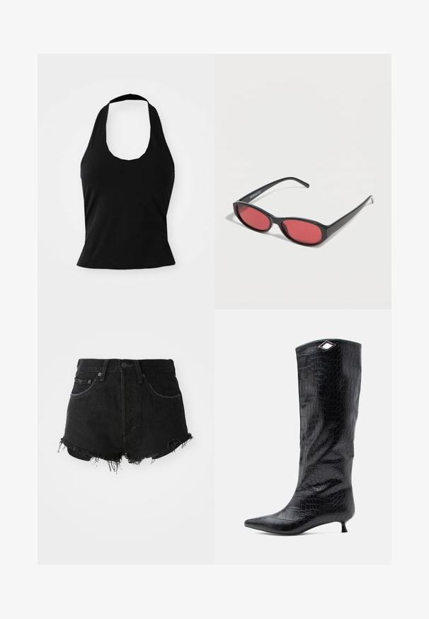 Μαύρο halter top από μαλακό ύφασμα, με στρογγυλή λαιμόκοψη και εφαρμοστή σιλουέτα, με λεία υφή και χωρίς ορατά σχέδια.; Μαύρες τζιν σορτσάκια με φθαρμένο στρίφωμα, κλασικός σχεδιασμός πέντε τσεπών και κλείσιμο με μεταλλικό κουμπί. Διαθέτουν ψηλή μέση και σκισμένη υφή.; Μαύρη μπότες μέχρι το γόνατο από γυαλιστερό δέρμα με ανάγλυφο σχέδιο κροκοδείλου, με μυτερή μύτη και μικρό τακούνι kitten, και γωνιακή ασημένια λεπτομέρεια στην κορυφή.; Μαύρα οβάλ γυαλιά ηλίου με λεπτούς βραχίονες και κόκκινα φακούς, τοποθετημένα πάνω σε λευκή επιφάνεια.