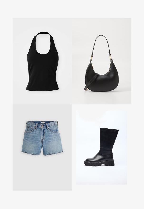 Zwarte haltertop gemaakt van zacht materiaal, met een ronde hals en een getailleerde pasvorm, voorzien van een gladde textuur en zonder zichtbare patronen.; Lichtblauwe denim shorts met een hoge taille, voorzien van vijf zakken, een ritssluiting en een ruwe zoom. Klassieke stiksels en een licht vervaagde textuur.; Zwarte leren kniehoge laars met een chunky zool, ontworpen met een gladde textuur, ronde neus en minimalistisch silhouet.; Zwarte leren handtas met een gebogen vorm, uitgerust met een bovenste ritsluiting, een kort handvat en een afneembare schouderband. Gouden hardware accenten.