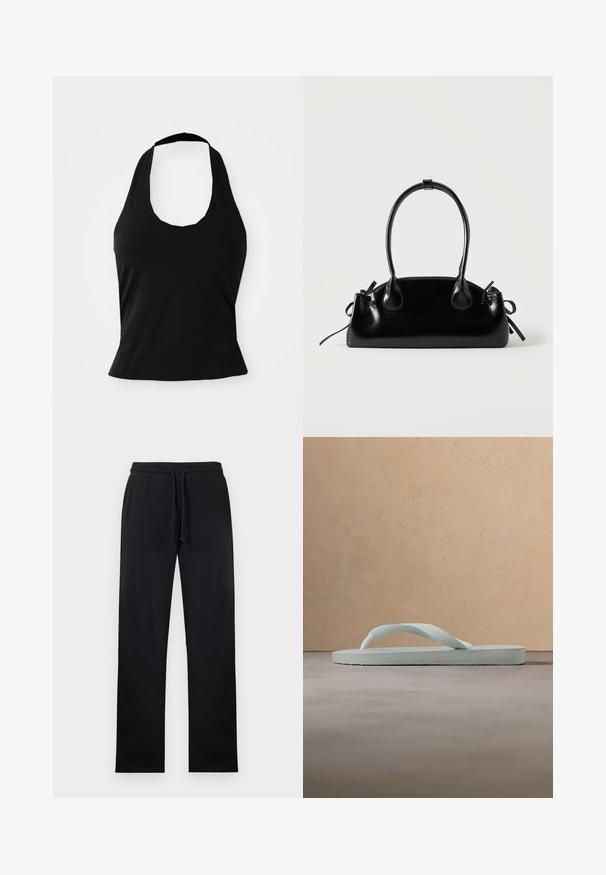 Top negro tipo halter hecho de una tela suave, con un escote redondeado y una silueta ajustada, con una textura lisa y sin patrones visibles.; Pantalones deportivos negros de pierna recta con cintura elástica y cordón frontal, mostrados extendidos sobre un fondo claro.; Sandalia tipo chancla de goma beige claro con plantilla texturizada y correa en forma de Y sobre un fondo gris liso.; Pequeño bolso negro brillante con dos asas largas y detalles de cordón lateral sobre un fondo claro liso.