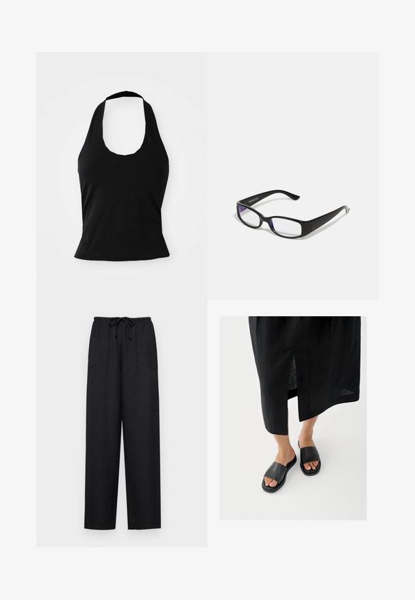 Μαύρο halter top από μαλακό ύφασμα, με στρογγυλή λαιμόκοψη και εφαρμοστή σιλουέτα, με λεία υφή και χωρίς ορατά σχέδια.; Μαύρο παντελόνι σε φαρδιά γραμμή από υφασμάτινη πλέξη, με ελαστική μέση και δύο πλευρικές τσέπες για λειτουργικότητα.; Μαύρα σανδάλια με φαρδιά λουράκι, επίπεδη σόλα και μινιμαλιστικό σχέδιο. Το υλικό φαίνεται ομαλό με ματ τελείωμα.; Μαύρα ορθογώνια γυαλιά με διάφανους φακούς. Γυαλιστερή επιφάνεια, στενοί βραχίονες και μοβ απόχρωση ορατή στις άκρες των φακών.