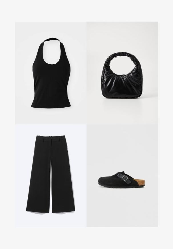 Top negro tipo halter hecho de una tela suave, con un escote redondeado y una silueta ajustada, con una textura lisa y sin patrones visibles.; Pantalones negros de pierna ancha con trabillas para cinturón y cierre frontal sencillo, mostrados sobre un fondo liso.; Zuecos de ante negro sin cordones con correa ajustable de hebilla negra y plantilla de corcho contorneada sobre un fondo blanco liso.; Bolso negro acolchado con un asa redondeada, que presenta una superficie lisa y brillante y una textura suave y acolchada. Sin herrajes ni acentos visibles.