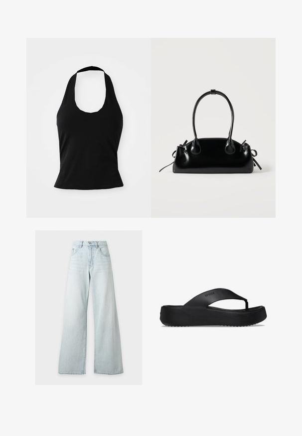 Zwarte haltertop gemaakt van zacht materiaal, met een ronde hals en een getailleerde pasvorm, voorzien van een gladde textuur en zonder zichtbare patronen.; Lichtblauwe jeans met hoge taille en wijde pijpen, met voorste knoop en rits, voorzakken en riemlussen op een witte achtergrond.; Zwarte flip-flop sandaal met een verhoogde zool, gemaakt van rubbermateriaal. Kenmerkt zich door een teenband en een gestructureerde voetbed voor grip.; Kleine zwarte glanzende handtas met twee lange hengsels en zijkant trekkoord details op een effen lichte achtergrond.