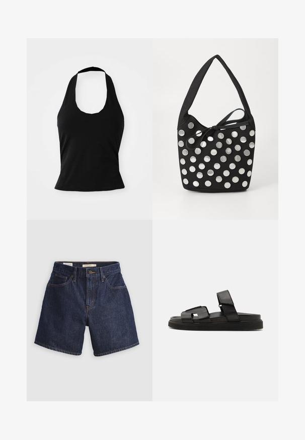 Haut halter noir en tissu doux, avec un col rond et une silhouette ajustée, à la texture lisse et sans motifs visibles.; Shorts en denim bleu foncé avec une coupe classique, dotés de poches avant, d'une fermeture à bouton et de surpiqûres orange contrastantes.; Sandales slide en cuir noir avec une large bande design à découpes géométriques et une finition texturée, complétées par une semelle en caoutchouc épaisse.; Sac à main en tissu noir, de forme arrondie, orné de clous métalliques ronds en argent disposés en motif, et d'un accent en tissu noué.