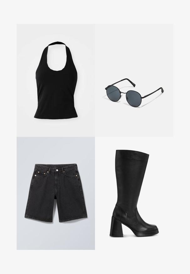 Μαύρο halter top από μαλακό ύφασμα, με στρογγυλή λαιμόκοψη και εφαρμοστή σιλουέτα, με λεία υφή και χωρίς ορατά σχέδια.; Μαύρα τζιν σορτς με μπροστινό κουμπί, θηλιές για ζώνη και σχεδίαση με πέντε τσέπες, παρουσιασμένα σε ουδέτερο γκρι φόντο.; Μαύρες μπότες μέχρι το γόνατο από λείο δέρμα, με χοντρό τακούνι και στρογγυλή μύτη. Ο σχεδιασμός είναι κομψός με ελάχιστα μεταλλικά στοιχεία.; Μαύρα γυαλιά ηλίου με στρογγυλούς φακούς, σκούρους, λεπτά μπράτσα και ρυθμιζόμενα μαξιλαράκια μύτης, με μινιμαλιστική σχεδίαση και χωρίς ορατή επωνυμία.