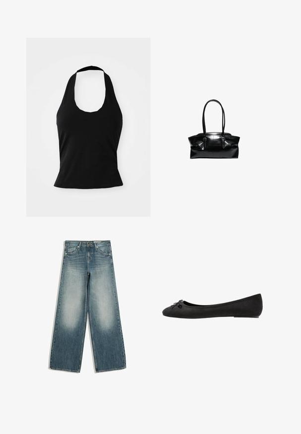 Sort halterneck top lavet af blød stof, med en scoop halsudskæring og en tætsiddende silhuet, med en glat tekstur og uden synlige mønstre.; Blå jeans med vide ben, med falmede områder på forreste lår, forlommer, bæltestropper og knaplukning.; Sorte ruskind ballet flats med rund tå, prydet med en dekorativ sløjfe på forsiden og flad sål. Glat tekstur og klassisk form.; Sort læderhåndtaske med to lange håndtag og spænde detaljer, med et struktureret gittermønster på overfladen.