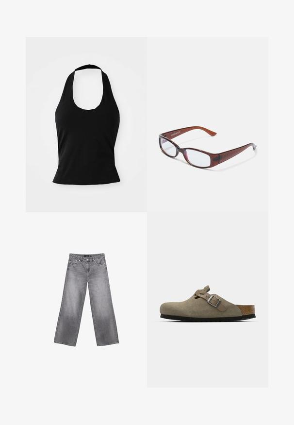 Haut halter noir en tissu doux, avec un col rond et une silhouette ajustée, à la texture lisse et sans motifs visibles.; Jeans gris à jambes larges avec poches avant, passants de ceinture et fermeture par bouton, présentant des détails délavés sur les cuisses et les genoux.; Sabots en velours côtelé vert olive clair avec une semelle en liège et en caoutchouc moulée. Dispose d'une sangle latérale avec une boucle en métal et d'un bout arrondi.; Lunettes rectangulaires teintées de brun avec une finition brillante, dotées de branches fines et de verres transparents. Logo visible sur la branche gauche.