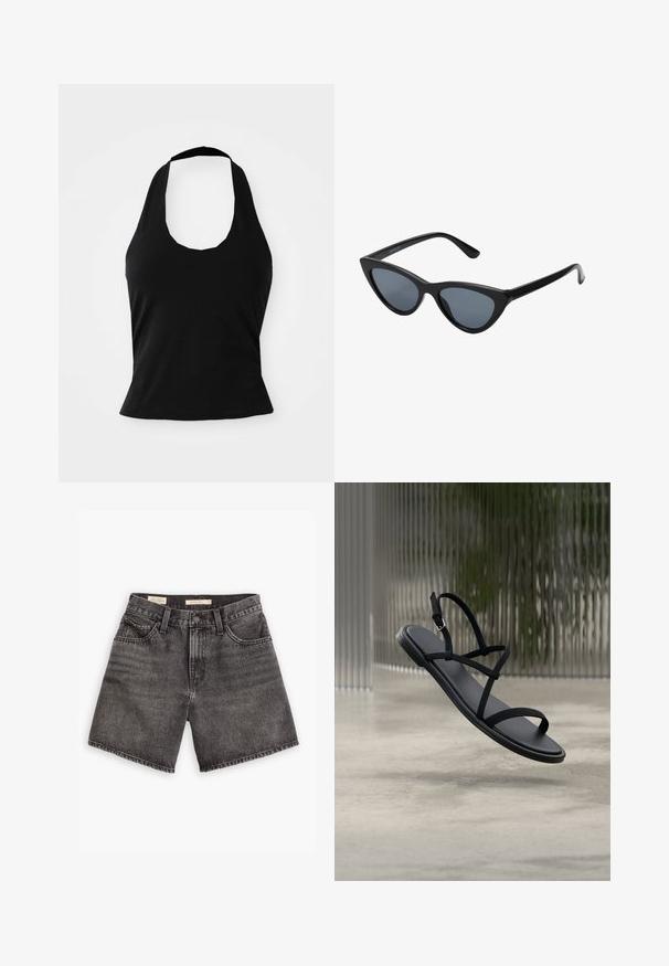 Haut halter noir en tissu doux, avec un col rond et une silhouette ajustée, à la texture lisse et sans motifs visibles.; Shorts en jean noir à taille haute, avec deux poches avant et une fermeture à bouton. Présente une texture délavée et un ourlet net.; Sandale plate minimaliste noire avec fines lanières et boucle flottant au-dessus d'un sol en béton et d'un fond en verre texturé.; Lunettes de soleil noires en forme d'œil de chat avec des verres gris foncé, monture en plastique élégante, coins pointus et branches droites. Pas de métal visible ni d'accents.