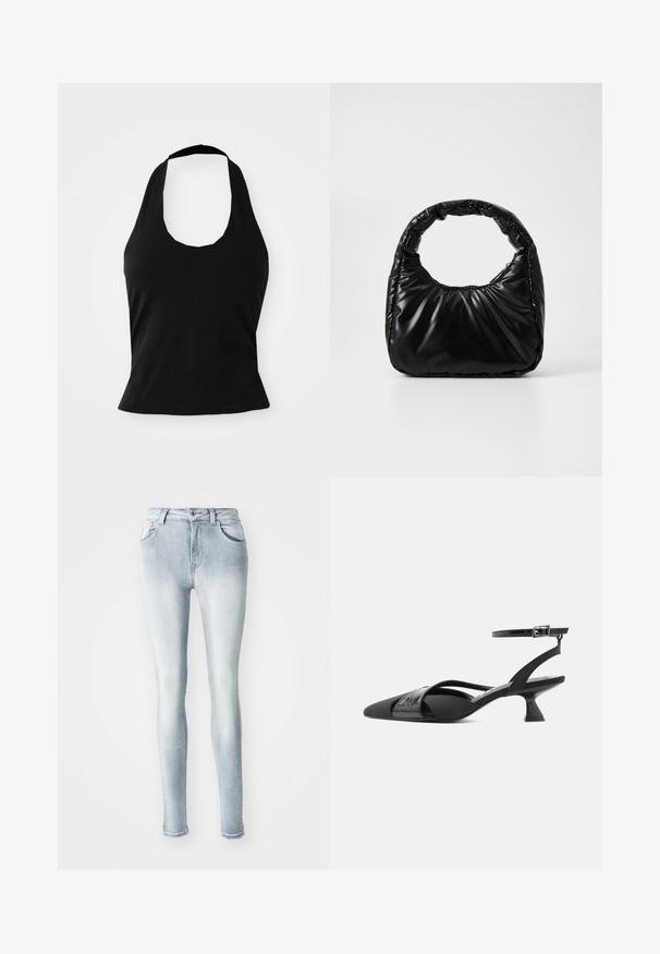 Sort halterneck top lavet af blød stof, med en scoop halsudskæring og en tætsiddende silhuet, med en glat tekstur og uden synlige mønstre.; Lysblå skinny jeans lavet af denim, med høj talje, fem lommer og let fading langs lårene. Slidt kantdetalje.; Sort spids tå slingback-killingehæl med tynd ankelrem og asymmetriske krydsremme på hvid baggrund.; Sort polstret håndtaske med et rundt håndtag, der har en glat, skinnende overflade og en blød, kviltet tekstur. Ingen synlige hardware eller accenter.