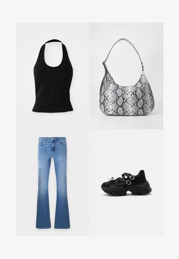 Μαύρο halter top από μαλακό ύφασμα, με στρογγυλή λαιμόκοψη και εφαρμοστή σιλουέτα, με λεία υφή και χωρίς ορατά σχέδια.; Ανοιχτό μπλε φαρδιά τζιν με ξεθωριασμένο φινίρισμα, που διαθέτει κλείσιμο με κουμπί και φερμουάρ μπροστά, πέντε τσέπες και ορατές λεπτομέρειες ραφής.; Μαύρο χοντρό αθλητικό παπούτσι με παχιά σόλα, δύο ρυθμιζόμενους ιμάντες με ασημένιες αγκράφες και λεπτομέρεια με κορδόνια μπροστά.; Μαύρη και άσπρη τσάντα ώμου με σχέδιο φιδιού, στρογγυλή μορφή, λεία υφή και καμπύλη λουρί. Διαθέτει μεταλλικό αξεσουάρ σε ασημί απόχρωση.