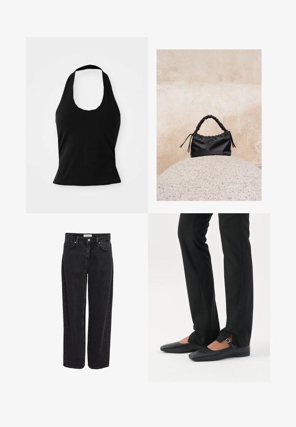 Sort halterneck top lavet af blød stof, med en scoop halsudskæring og en tætsiddende silhuet, med en glat tekstur og uden synlige mønstre.; Sort denim bukser med vide ben og høj talje, fem-lomme design og lynlåsgylp. Glat tekstur med minimale synlige syningsdetaljer.; Ben iført sorte smalle bukser med forreste slidser ved kanten, parret med sorte flade Mary Jane-sko med lille spænde.; Sort håndtaske med rynkede detaljer og et samlet håndtag, hvilende på en tekstureret stensfære mod en beige betonvæg.