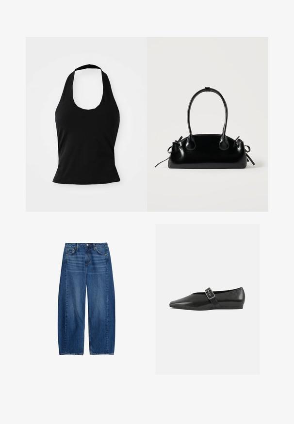 Sort halterneck top lavet af blød stof, med en scoop halsudskæring og en tætsiddende silhuet, med en glat tekstur og uden synlige mønstre.; Bredde ben blå denim jeans med mellemhøj talje, fem lommer og knaplukning. Stoffet har en let tekstur med falmede detaljer.; Sorte læder flade sko med spidse tæer, prydet med en metallisk spænde over vristen og en lav, fleksibel sål.; Lille sort blank håndtaske med to lange håndtag og snøre-detaljer i siden på en ensfarvet lys baggrund.