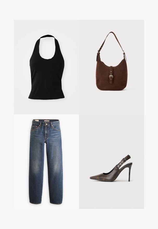 Sort halterneck top lavet af blød stof, med en scoop halsudskæring og en tætsiddende silhuet, med en glat tekstur og uden synlige mønstre.; Mørkeblå denimjeans med en straight-leg design, der har fem lommer, kobbernitter og diskret falmning på lårene.; Brune læder slingback højhælede sko med spids tå, justerbar spænde og sort stiletto hæl på ensfarvet baggrund.; Brun suedet hobo taske med en buet form, flad bund, justerbar rem og en spændefunktion på forsiden. Glat tekstur.