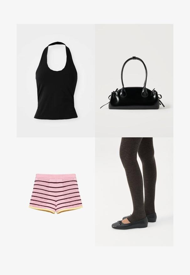 Zwarte haltertop gemaakt van zacht materiaal, met een ronde hals en een getailleerde pasvorm, voorzien van een gladde textuur en zonder zichtbare patronen.; Roze badstofshorts met horizontale donkerbruine strepen en gele bies bij de pijpopeningen, plat liggend op een witte achtergrond.; Benen met donkere geribbelde leggings gecombineerd met zwarte ballerina's met kleine strikdetails op een witte achtergrond.; Kleine zwarte glanzende handtas met twee lange hengsels en zijkant trekkoord details op een effen lichte achtergrond.