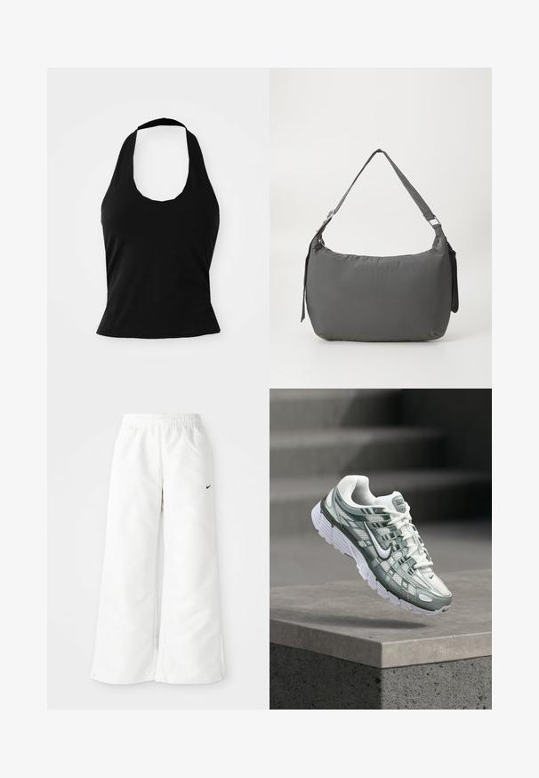 Sort halterneck top lavet af blød stof, med en scoop halsudskæring og en tætsiddende silhuet, med en glat tekstur og uden synlige mønstre.; Hvide atletiske bukser med et bredbenet design, elastisk talje og et lille sort Nike-logo på venstre side. Glat, let materiale.; Hvid og grå Nike løbesko med polstret sål, svævende over en betonkant mod en sløret grå baggrund.; Grå polstret skuldertaske med en buet form, en glat tekstur, justerbar strop og et diskret prægede logo på forsiden.