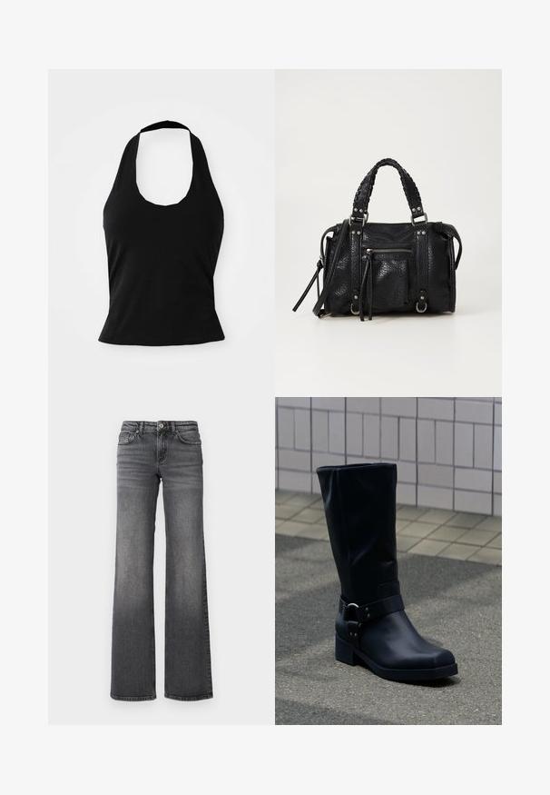 Schwarzes Halftertop aus weichem Stoff, mit einem U-Bootausschnitt und einer figurschmeichelnden Silhouette, glatter Textur und ohne sichtbare Muster.; Gerade geschnittene, dunkelgraue Jeans aus Denim mit leichter Verblassung an den Oberschenkeln und klassischem Fünf-Taschen-Design vor weißem Hintergrund.; Schwarzer Lederstiefel bis zur Mitte der Wade mit niedrigem Blockabsatz und dekorativem Riemen mit Metallschnalle um den Knöchel, auf einem gefliesten Gehweg.; Schwarze handgefertigte Kunstlederhandtasche mit geflochtenen Tragegriffen, silbernen Hardware-Details und einer vorderen Reißverschlusstasche. Kompaktes Design mit abnehmbarem Schultergurt.