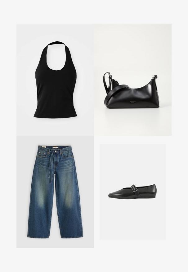 Schwarzes Halftertop aus weichem Stoff, mit einem U-Bootausschnitt und einer figurschmeichelnden Silhouette, glatter Textur und ohne sichtbare Muster.; Dunkelblaue Denim-Hosen im weit geschnittenen Stil mit einem verwaschenen Design, ausgestattet mit einem Kordelzug am Bund und fünf Taschen.; Schwarze Lederflachschuhe mit spitzem Zehenbereich, ausgestattet mit einem metallischen Riemen über dem Spann und einer niedrigen, flexiblen Sohle.; Schwarze lederne Handtasche mit glatter Textur. Verfügt über einen verstellbaren Riemen und ein elegantes, minimalistisches Design mit einem Reißverschluss.
