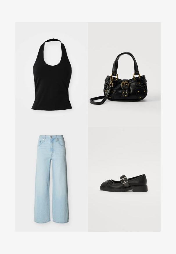 Μαύρο halter top από μαλακό ύφασμα, με στρογγυλή λαιμόκοψη και εφαρμοστή σιλουέτα, με λεία υφή και χωρίς ορατά σχέδια.; Φαρδιά τζιν παντελόνια σε ανοιχτό μπλε χρώμα, με κλείσιμο κουμπιού και φερμουάρ μπροστά, θηλιές για ζώνη και κλασικό σχέδιο με πέντε τσέπες.; Μαύρη δερμάτινη μπότα Mary Jane με στρογγυλή μύτη, λουράκι στον αστράγαλο και λεπτομέρειες ασημένιου κλειδώματος. Διαθέτει επίπεδη, χοντρή σόλα και διακόσμηση με φιόγκο.; Μαύρη δερμάτινη τσάντα χειρός με χρυσή αγκράφα και λεπτομέρειες με καρφιά, κοντά χερούλια και ρυθμιζόμενο λουρί ώμου σε απλό λευκό φόντο.