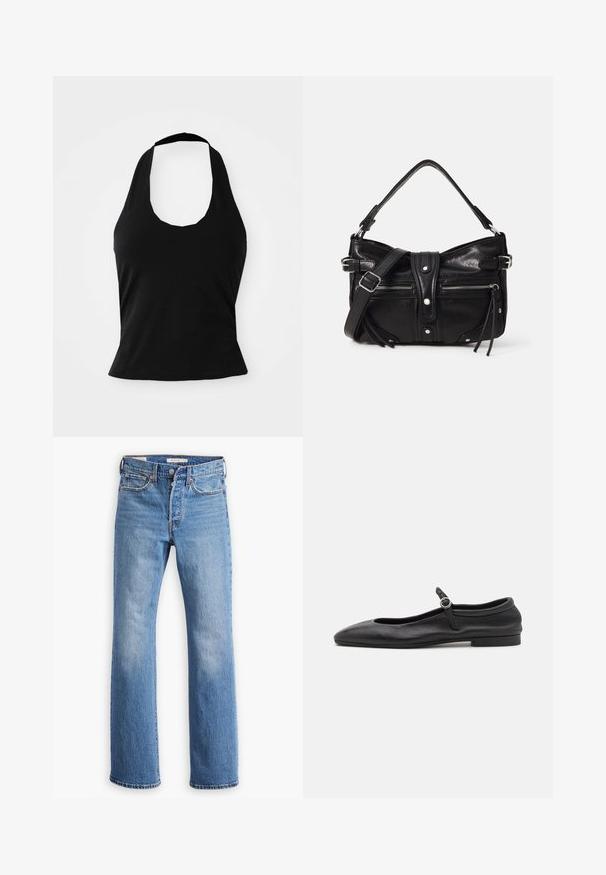 Sort halterneck top lavet af blød stof, med en scoop halsudskæring og en tætsiddende silhuet, med en glat tekstur og uden synlige mønstre.; Blå denim jeans med et straight leg design har høj talje, klassisk fem-lomme stil og tydelig forvitring på lårene.; Sorte læder balletflade med en rund tå, smal vamp og en lille ankelrem med en cirkulær spænde. Lav, flad sål.; Even&Odd by Zalando H24462 - Håndtasker - black