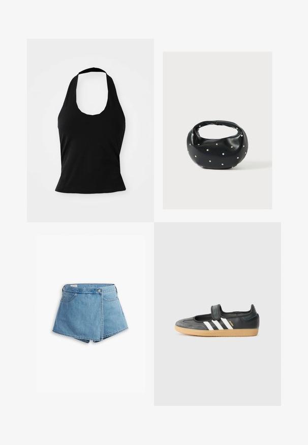 Schwarzes Halftertop aus weichem Stoff, mit einem U-Bootausschnitt und einer figurschmeichelnden Silhouette, glatter Textur und ohne sichtbare Muster.; Hellblaue Jeansshorts mit Wickeldesign, Fronttaschen und Metallknopfverschluss. Glatte Textur mit genähten Kanten.; Schwarze Leder- und Wildledersneaker mit einem Klettverschluss, ausgestattet mit drei weißen Streifen und einer Gummisohle, beschriftet mit "SAMBA" an der Seite.; Schwarze Lederhandtasche mit abgerundeter Form, verziert mit silbernen Nietenakzenten und kurzem Griff. Glatte Struktur und Reißverschlussverschluss.