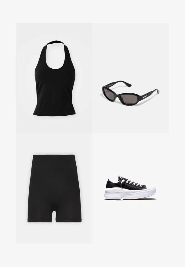 Schwarzes Halftertop aus weichem Stoff, mit einem U-Bootausschnitt und einer figurschmeichelnden Silhouette, glatter Textur und ohne sichtbare Muster.; Schwarze, gerippte Biker-Shorts mit hohem Bund und weicher Textur, die ein glattes Finish und keine sichtbaren Nähte aufweisen.; Schwarzer, niedriger Canvas-Sneaker mit weißen Schnürsenkeln und dicker, mehrlagiger weißer Gummisohle vor weißem Hintergrund.; Schwarze Sonnenbrille mit rechteckigem Rahmen, dunklen Gläsern, glattem Kunststoffmaterial und einem metallischen Akzent am Bügel.