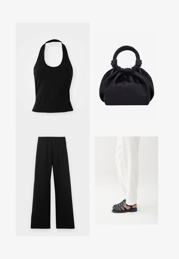 Μαύρο halter top από μαλακό ύφασμα, με στρογγυλή λαιμόκοψη και εφαρμοστή σιλουέτα, με λεία υφή και χωρίς ορατά σχέδια.; Μαύρο παντελόνι με φαρδιά μπατζάκια από βαμβακερό ύφασμα. Διαθέτει ελαστική μέση και λείο, υφασμάτινο φινίρισμα. Χωρίς ορατά σχέδια ή διακριτικά.; Άτομο που φοράει λευκό παντελόνι και μαύρα δερμάτινα σανδάλια ανοιχτής μύτης με αγκράφα, στέκεται σε λευκό φόντο.; Μαύρη μαλακή τσάντα από ύφασμα με ραμμένο πάνω μέρος και κυκλικές επενδεδυμένες λαβές δεμένες με κόμπους σε κάθε πλευρά.
