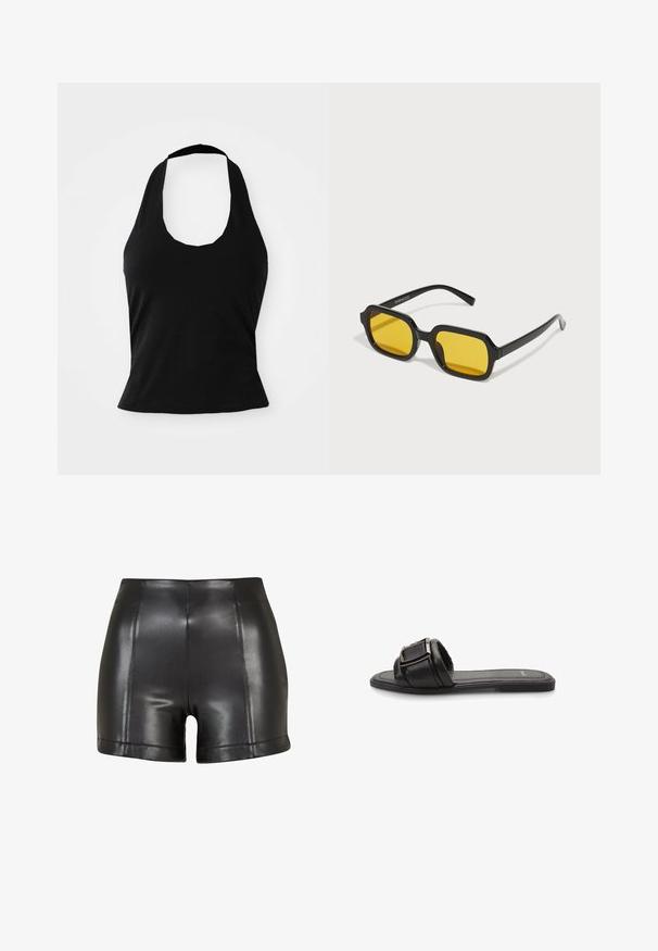 Zwarte haltertop gemaakt van zacht materiaal, met een ronde hals en een getailleerde pasvorm, voorzien van een gladde textuur en zonder zichtbare patronen.; Zwarte nepleer shorts met een hoge taille, een gladde textuur en zichtbare stiksels langs de voorkant en de zoom.; Zwarte leren slide sandaal met een brede band en een vierkante metalen gesp, platte zool en een gladde afwerking. Eenvoudig en minimalistisch ontwerp.; Zwarte rechthoekige zonnebril met gele lenzen. Kenmerken zijn onder andere dikke monturen en een hoekig ontwerp met een gladde, glanzende afwerking.