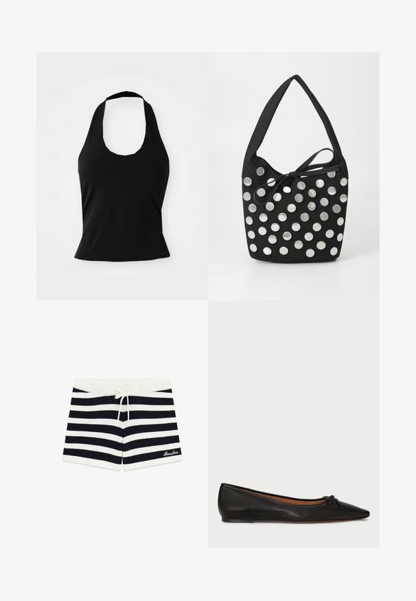 Haut halter noir en tissu doux, avec un col rond et une silhouette ajustée, à la texture lisse et sans motifs visibles.; Guess Jeans GESTREIFTES - Short - mehrfarbig schwarz; Ballet flat en cuir noir avec un bout pointu, une silhouette élancée et un petit nœud à l'avant. Texture lisse et design minimal.; Sac à main en tissu noir, de forme arrondie, orné de clous métalliques ronds en argent disposés en motif, et d'un accent en tissu noué.
