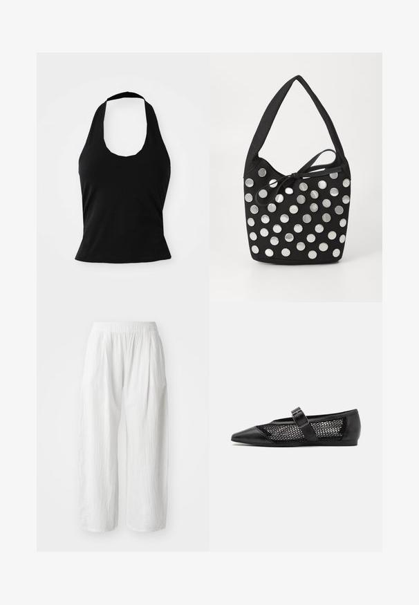 Haut halter noir en tissu doux, avec un col rond et une silhouette ajustée, à la texture lisse et sans motifs visibles.; Pantalons blancs légers à jambes larges avec une apparence texturée et une taille élastique pour le confort. Pas de poches ni de fermetures visibles.; Chaussure plate noire avec un bout pointu, panneaux latéraux en maille et une sangle avec une boucle décorative. Fini lisse sur les sections du bout et du talon.; Sac à main en tissu noir, de forme arrondie, orné de clous métalliques ronds en argent disposés en motif, et d'un accent en tissu noué.
