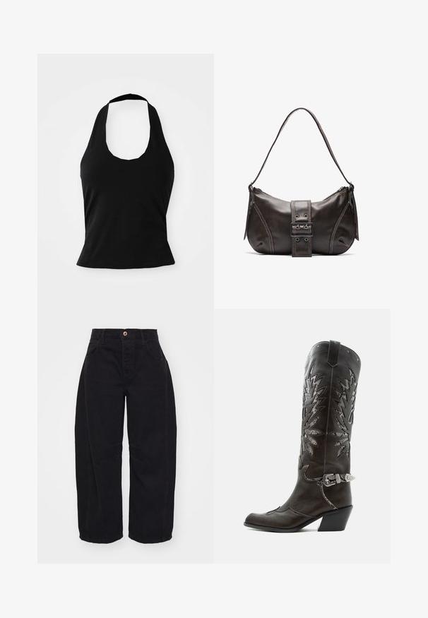 Μαύρο halter top από μαλακό ύφασμα, με στρογγυλή λαιμόκοψη και εφαρμοστή σιλουέτα, με λεία υφή και χωρίς ορατά σχέδια.; Free People GOOD LUCK MID RISE BARREL - Τζιν χαλαρής εφαρμογής - soundwave; Μαύρη δερμάτινη καουμπόικη μπότα με διακοσμητικές περικοπές, ασημένια πόρπη και κεκλιμένο τακούνι, εμφανιζόμενη σε λευκό φόντο.; Καφέ δερμάτινη τσάντα ώμου με καμπύλη μορφή, που διαθέτει έντονη διάκοσμηση από κούμπωμα, αντίθετη ραφή και μία μόνο λουρί ώμου.