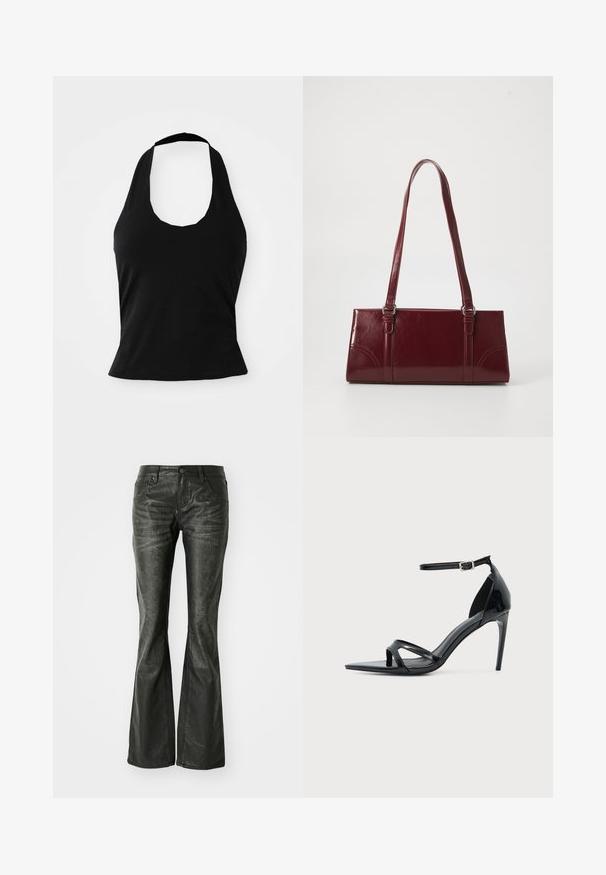 Schwarzes Halftertop aus weichem Stoff, mit einem U-Bootausschnitt und einer figurschmeichelnden Silhouette, glatter Textur und ohne sichtbare Muster.; Schwarze Kunstleder-Flared-Jeans mit Fronttaschen, einem Metallknopfverschluss und einer leicht strukturierten Oberfläche. Schmaler Schnitt mit langem Bein.; Schwarze Sandale aus Lackleder mit hohem Absatz, dünnem Knöchelriemen, offenem Zehenbereich und minimalistischem Design auf hellem, einfarbigem Hintergrund.; Burgunderfarbene Handtasche aus glänzendem Material, rechteckige Form, mit zwei Schulterriemen und subtilen, geschwungenen Akzenten an der Vorderseite.