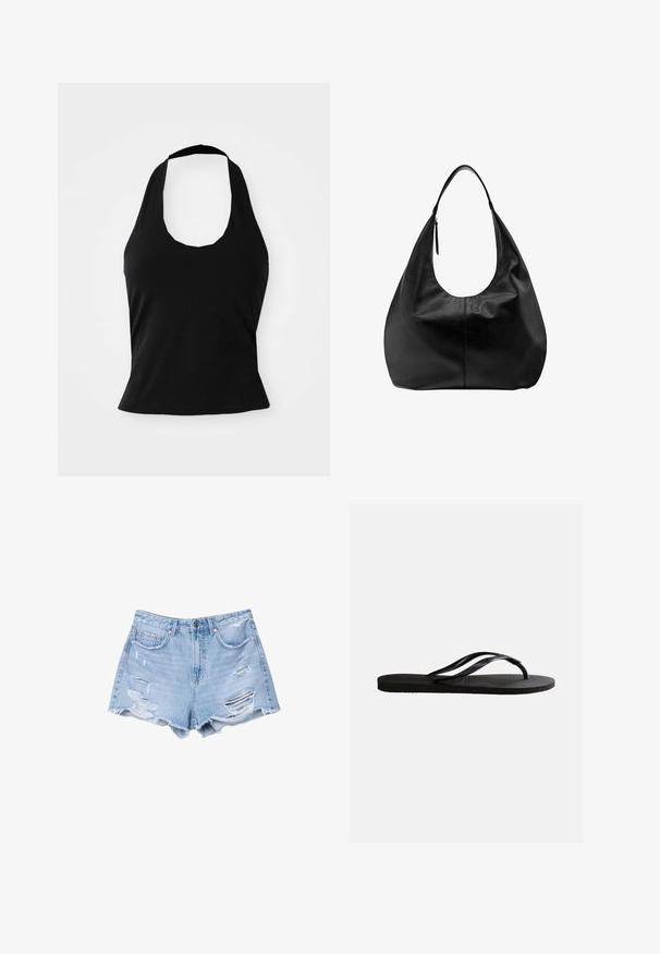 Schwarzes Halftertop aus weichem Stoff, mit einem U-Bootausschnitt und einer figurschmeichelnden Silhouette, glatter Textur und ohne sichtbare Muster.; Helle blaue Jeansshorts mit fransigen Säumen und distressierten Details, ausgestattet mit Fronttaschen und einem Knopfverschluss.; Schwarze Gummizehensandale mit strukturiertem Fußbett und dünnen, Y-förmigen Riemen vor einfachem weißem Hintergrund.; Schwarze Leder-Hobo-Tasche mit einem breiten Riemen und einem Reißverschlussdetail auf einem schlichten weißen Hintergrund.