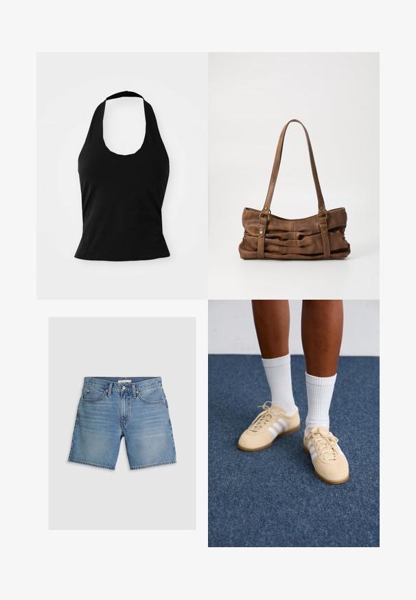 Sort halterneck top lavet af blød stof, med en scoop halsudskæring og en tætsiddende silhuet, med en glat tekstur og uden synlige mønstre.; Lysblå denimshorts med lige snit, fem lommer og knaplukning. Fremstillet af bomuld med en glat tekstur.; Person i beige Adidas sneakers med hvide striber og hvide ankelstrømper, stående på et blåt tæppe.; Even&Odd Håndtasker - brown