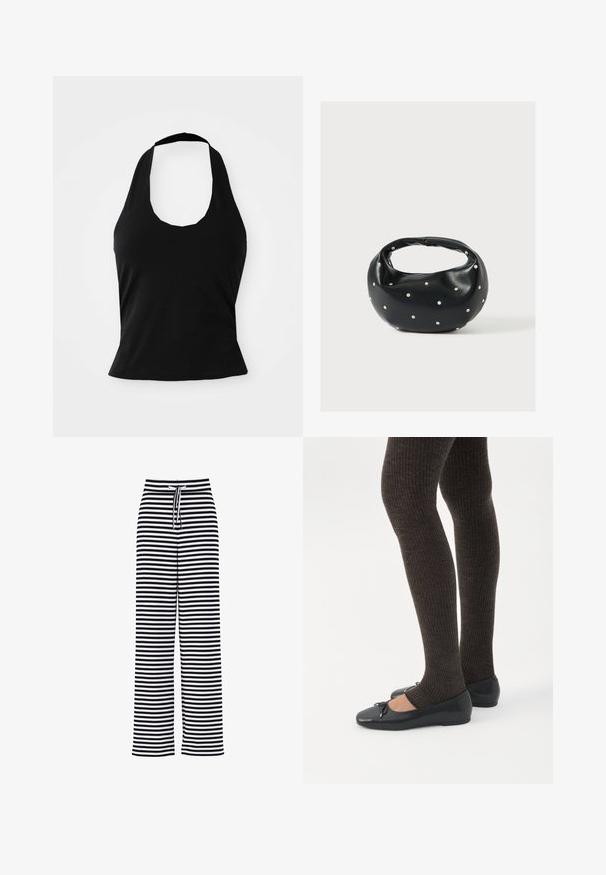 Μαύρο halter top από μαλακό ύφασμα, με στρογγυλή λαιμόκοψη και εφαρμοστή σιλουέτα, με λεία υφή και χωρίς ορατά σχέδια.; Μαύρο και λευκό παντελόνι με οριζόντιες ρίγες, φαρδύ και με λάστιχο στη μέση και κορδόνι ρύθμισης.; Πόδια με σκουρόχρωμα ριμπ κολάν συνδυασμένα με μαύρα μπαλαρίνα παπούτσια με μικρές λεπτομέρειες φιόγκων σε λευκό φόντο.; Μαύρη δερμάτινη τσάντα χειρός με στρογγυλεμένο σχήμα, διακοσμημένη με ασημένιες λεπτομέρειες με καρφιά και κοντή λαβή. Λείο υλικό και κλείσιμο με φερμουάρ.