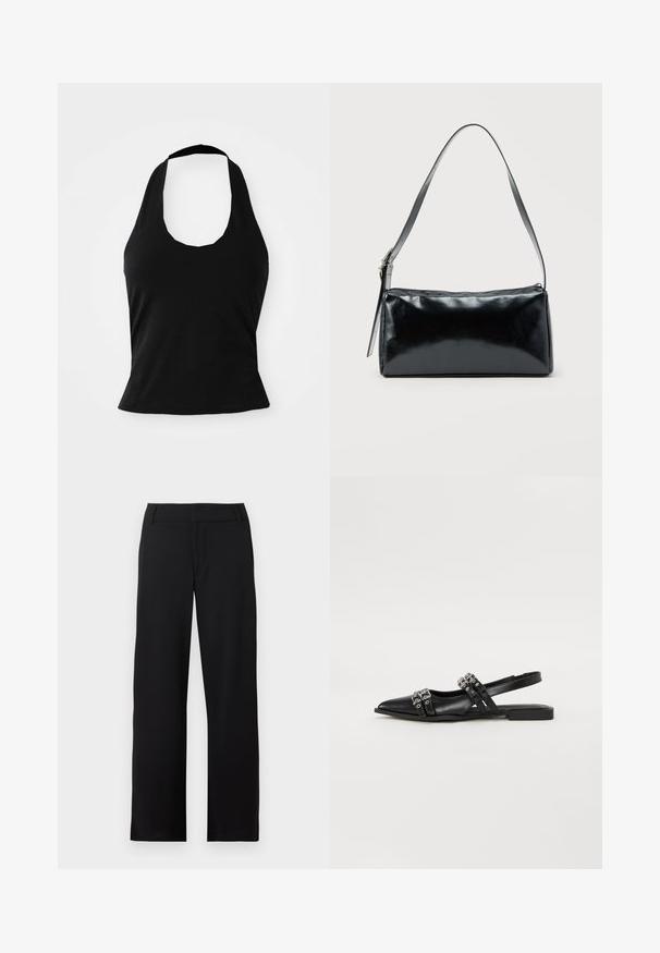 Μαύρο halter top από μαλακό ύφασμα, με στρογγυλή λαιμόκοψη και εφαρμοστή σιλουέτα, με λεία υφή και χωρίς ορατά σχέδια.; Μαύρο παντελόνι κανονικής γραμμής με θηλιές για ζώνη και φερμουάρ στο μπροστινό μέρος, παρουσιάζεται σε λευκό φόντο.; Even&Odd Μπαλαρίνες με λουράκι στον αστράγαλο - black; Μαύρη ορθογώνια τσάντα ώμου με έναν ρυθμιζόμενο ιμάντα και κλείσιμο με φερμουάρ στην κορυφή σε μονόχρωμο φόντο.