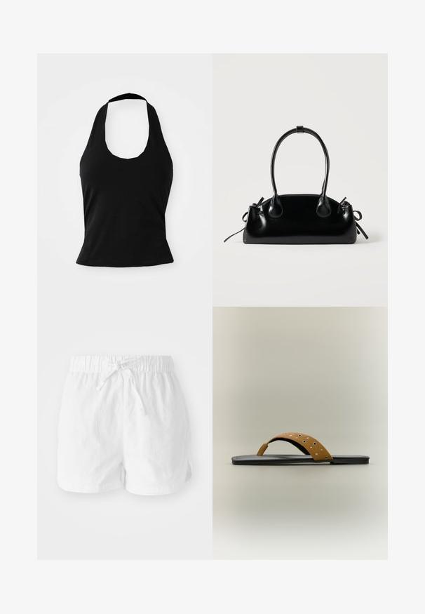 Μαύρο halter top από μαλακό ύφασμα, με στρογγυλή λαιμόκοψη και εφαρμοστή σιλουέτα, με λεία υφή και χωρίς ορατά σχέδια.; Λευκές βαμβακερές σορτς με ελαστική μέση και ρυθμιζόμενο κορδόνι. Διαθέτουν πλαϊνές σχισμές για ευκολία κίνησης και άνετη εφαρμογή.; Φλατ μαύρο σανδάλι με καφέ δερμάτινο λουράκι στα δάχτυλα, διακοσμημένο με ασημένιες τρουκς και μεταλλικά ρουμπάκια σε απλό φόντο.; Μικρή μαύρη γυαλιστερή τσάντα με δύο μακριές λαβές και λεπτομέρειες με ρυθμιζόμενο κορδόνι στο πλάι σε απλό ανοιχτό φόντο.