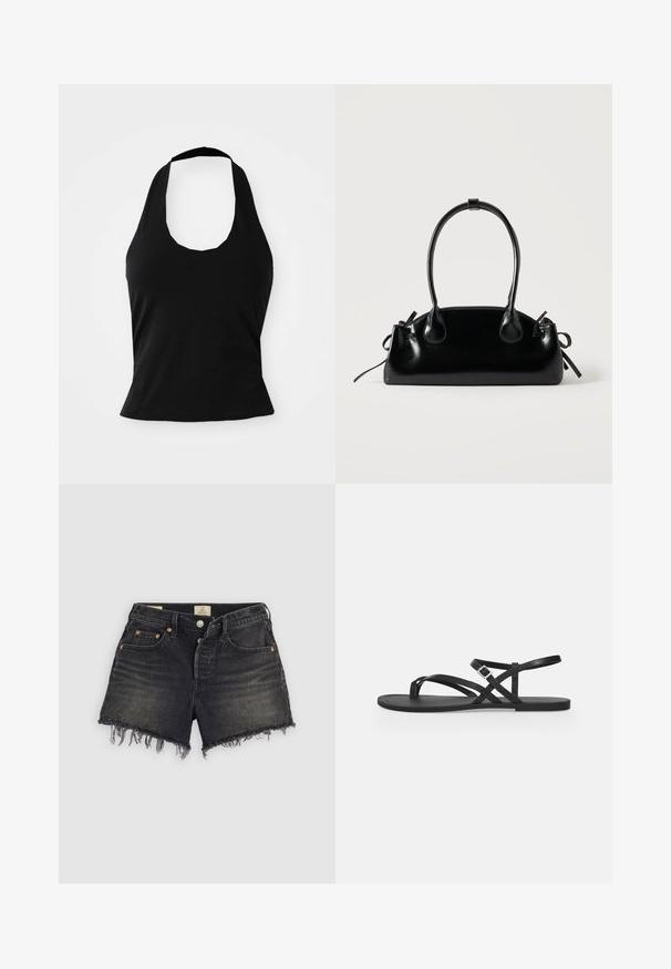 Μαύρο halter top από μαλακό ύφασμα, με στρογγυλή λαιμόκοψη και εφαρμοστή σιλουέτα, με λεία υφή και χωρίς ορατά σχέδια.; Μαύρο σορτς τζιν με ξεφτισμένα τελειώματα, μπροστινές τσέπες, θηλιές για ζώνη και κούμπωμα με κουμπί σε απλό φόντο.; Μαύρο επίπεδο σανδάλι με λεπτά λουράκια, θηλιά για τα δάχτυλα και ρυθμιζόμενο λουρί με αγκράφα στον αστράγαλο, σε απλό ανοιχτογκρι φόντο.; Μικρή μαύρη γυαλιστερή τσάντα με δύο μακριές λαβές και λεπτομέρειες με ρυθμιζόμενο κορδόνι στο πλάι σε απλό ανοιχτό φόντο.