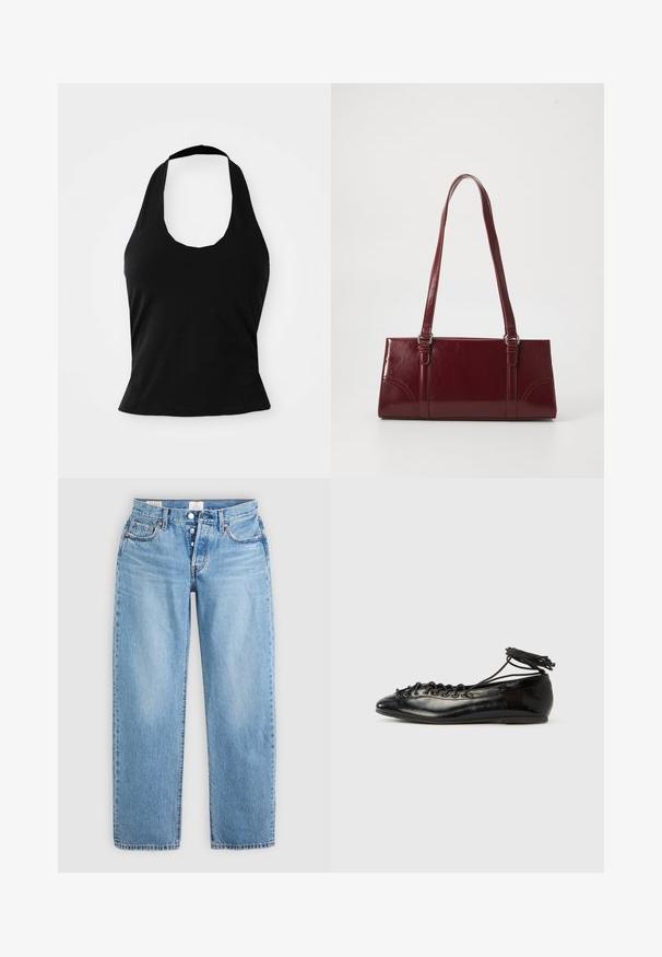 Sort halterneck top lavet af blød stof, med en scoop halsudskæring og en tætsiddende silhuet, med en glat tekstur og uden synlige mønstre.; Lysblå denim jeans med lige snit, fem lommer og knaplukning. Har syet detaljer og en ren kant.; Sorte balletflade sko i laklæder med rundet tå, snørelukning og flad sål. Glat tekstur med få detaljer.; Bordeaux håndtaske lavet af glansfuldt materiale, rektangulær form, med to skulderremme og subtile buede detaljer på forsiden.