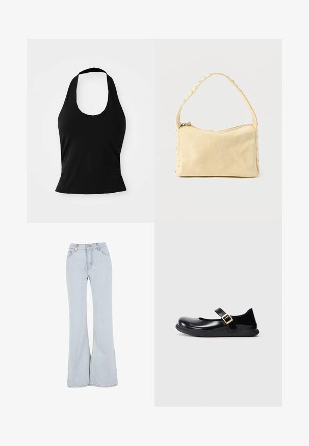 Sort halterneck top lavet af blød stof, med en scoop halsudskæring og en tætsiddende silhuet, med en glat tekstur og uden synlige mønstre.; Lyseblå udsvingende jeans lavet af denim med høj talje, fem lommer og kontrasterende syninger langs sømmene.; Sort patentlæder Mary Jane sko med rund tå, en enkelt rem med en guldbuckle og en struktureret sort gummisål.; Lille beige læderhåndtaske med en enkelt rem og sølvnitter langs kanterne og remmen, sat mod en ensfarvet baggrund.