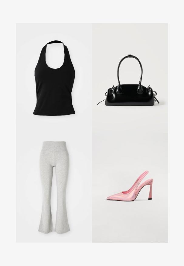 Schwarzes Halftertop aus weichem Stoff, mit einem U-Bootausschnitt und einer figurschmeichelnden Silhouette, glatter Textur und ohne sichtbare Muster.; Graue, ausgestellte Leggings aus weichem Material, mit einem elastischen Bund und einer glatten Textur, die am Saum zur Ausstülpung hin auslaufen.; Rosafarbene Slingback-Pumpe aus irisierendem Material mit spitzem Zehenbereich, schlankem Absatz und elastischem Riemen für einen perfekten Sitz. Glatte Textur mit glänzendem Finish.; Kleine schwarze glänzende Handtasche mit zwei langen Griffen und seitlichen Kordelzug-Details vor einfachem hellem Hintergrund.