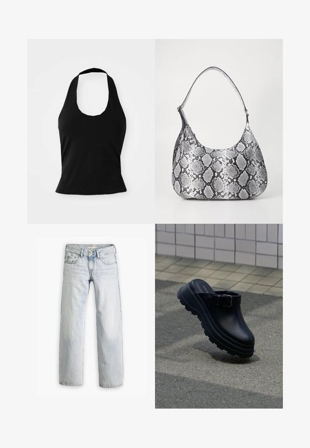 Schwarzes Halftertop aus weichem Stoff, mit einem U-Bootausschnitt und einer figurschmeichelnden Silhouette, glatter Textur und ohne sichtbare Muster.; Hellblaue Denim-Jeans mit lockerer Passform, hoher Taille und fünf Taschen. Mit Stitching-Akzenten und einem Knopfverschluss.; Schwarzer Slip-on-Clog mit dicker profilierten Sohle und verstellbarem Riemen, über Asphalt positioniert, mit gefliester Wand im Hintergrund.; Schultertasche im schwarz-weißen Schlangenprint mit runder Form, glatter Textur und gebogenem Tragegurt. Mit einem silbernen Hardware-Akzent.