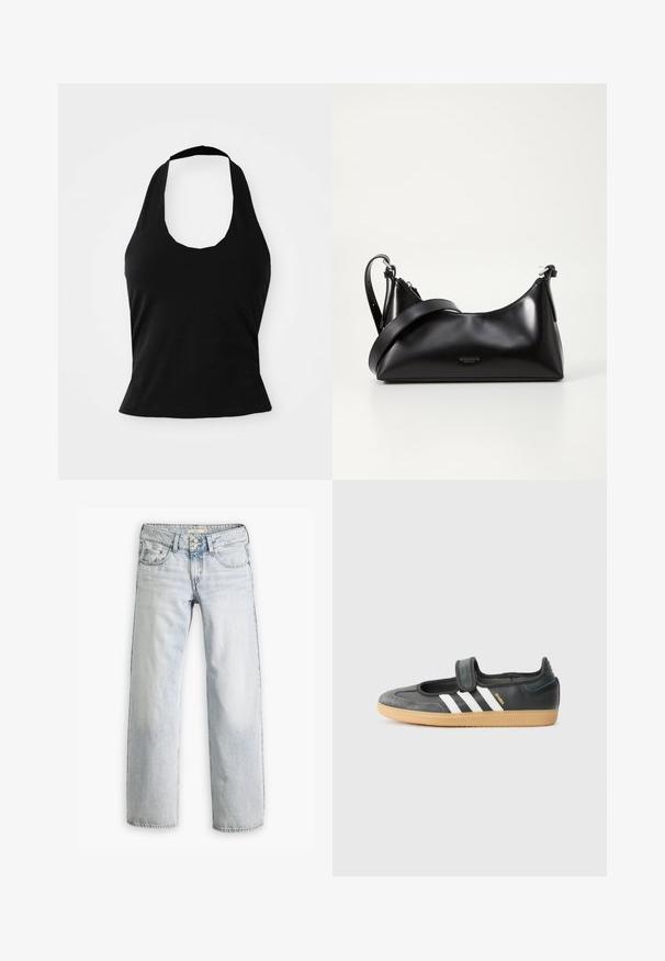 Schwarzes Halftertop aus weichem Stoff, mit einem U-Bootausschnitt und einer figurschmeichelnden Silhouette, glatter Textur und ohne sichtbare Muster.; Hellblaue Denim-Jeans mit lockerer Passform, hoher Taille und fünf Taschen. Mit Stitching-Akzenten und einem Knopfverschluss.; Schwarze Leder- und Wildledersneaker mit einem Klettverschluss, ausgestattet mit drei weißen Streifen und einer Gummisohle, beschriftet mit "SAMBA" an der Seite.; Schwarze lederne Handtasche mit glatter Textur. Verfügt über einen verstellbaren Riemen und ein elegantes, minimalistisches Design mit einem Reißverschluss.