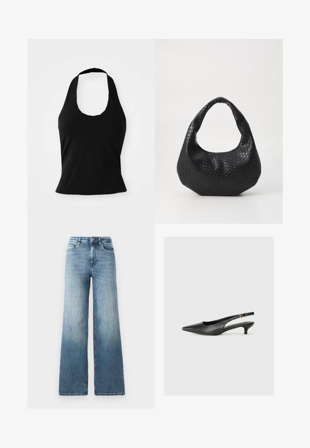 Haut halter noir en tissu doux, avec un col rond et une silhouette ajustée, à la texture lisse et sans motifs visibles.; Jean en denim à jambes larges dans un délavage bleu clair, avec une taille haute, un design à cinq poches et un léger dégradé sur le tissu. Fermeture classique à bouton en métal.; Chaussure slingback noire à bout pointu en cuir lisse. Présente un talon fin et un détail de boucle sur la sangle réglable.; Sac à main tissé noir avec une poignée courbée, présentant une surface texturée et une forme décontractée. Fini lisse avec une silhouette organique.