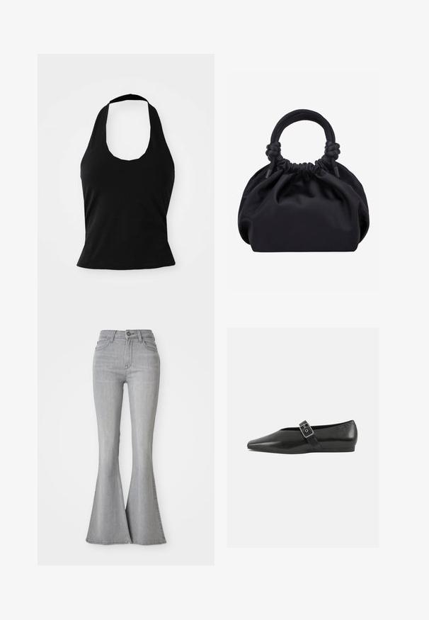 Sort halterneck top lavet af blød stof, med en scoop halsudskæring og en tætsiddende silhuet, med en glat tekstur og uden synlige mønstre.; Højtaljede lysegrå denim jeans med flared ben, frontknap, lynlås og for- samt baglommer.; Sorte læder flade sko med spidse tæer, prydet med en metallisk spænde over vristen og en lav, fleksibel sål.; Sort blød stofhåndtaske med samlet top og cirkulære polstrede håndtag bundet med knuder på hver side.