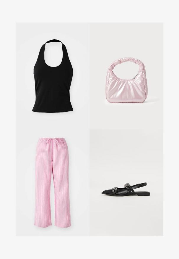 Μαύρο halter top από μαλακό ύφασμα, με στρογγυλή λαιμόκοψη και εφαρμοστή σιλουέτα, με λεία υφή και χωρίς ορατά σχέδια.; Ριγέ παντελόνια σε ροζ και λευκό χρώμα με φαρδιά πόδια, ελαστική μέση και λεπτομέρεια δέσμευσης μπροστά, κατασκευασμένα από ελαφρύ ύφασμα.; Even&Odd Μπαλαρίνες με λουράκι στον αστράγαλο - black; Ροζ, επενδεδυμένη τσάντα χειρός με στρογγυλεμένο σχέδιο, κατασκευασμένη από γυαλιστερό υλικό. Διαθέτει μαζεμένη λαβή και κλείσιμο με φερμουάρ για ασφαλή πρόσβαση.