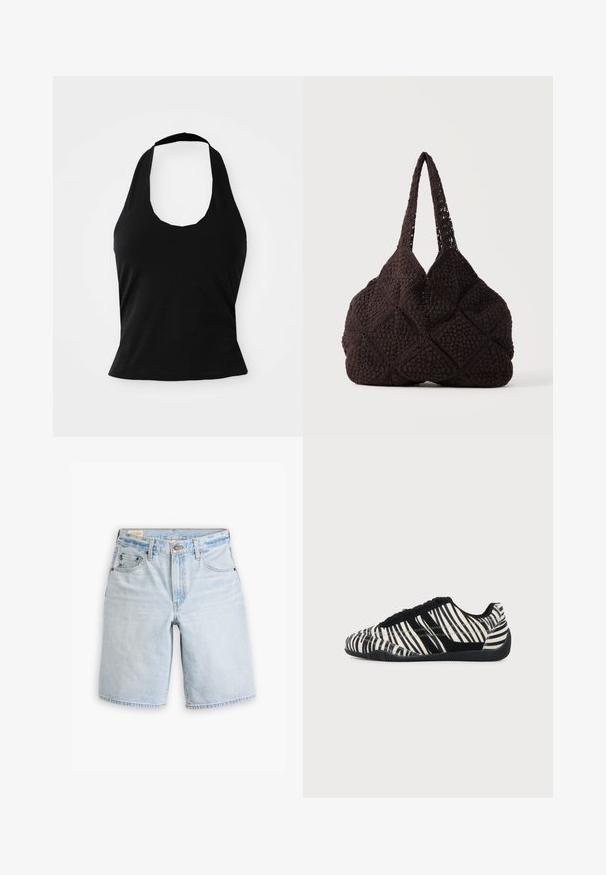 Μαύρο halter top από μαλακό ύφασμα, με στρογγυλή λαιμόκοψη και εφαρμοστή σιλουέτα, με λεία υφή και χωρίς ορατά σχέδια.; Ανοιχτομπλέ τζιν σορτς με κανονική εφαρμογή, με πέντε τσέπες, θηλιές για ζώνη και κλείσιμο με κουμπί. Μαλακή υφή με ξεθωριασμένα σημεία.; Μαύρο και άσπρο αθλητικό παπούτσι με κορδόνια, σχέδιο ζέβρας και υφασμένη μαύρη σόλα σε απλό ανοιχτό φόντο.; Μαύρη τσάντα tote από πλεκτό κροσέ με υφασμένα τετράγωνα σχέδια και δύο λουριά ώμου που στέκονται σε ουδέτερο φόντο.