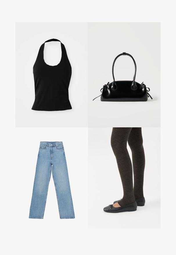 Zwarte haltertop gemaakt van zacht materiaal, met een ronde hals en een getailleerde pasvorm, voorzien van een gladde textuur en zonder zichtbare patronen.; Lichtblauwe denim jeans met een hoge taille, rechte pijpen, voorzien van vijf zakken en een knoopsluiting. Geen zichtbare patronen.; Benen met donkere geribbelde leggings gecombineerd met zwarte ballerina's met kleine strikdetails op een witte achtergrond.; Kleine zwarte glanzende handtas met twee lange hengsels en zijkant trekkoord details op een effen lichte achtergrond.