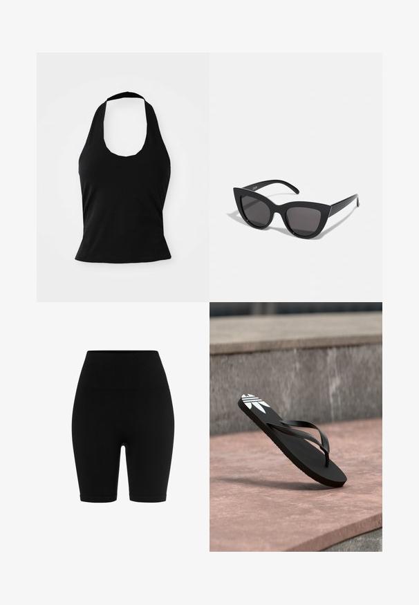 Top negro tipo halter hecho de una tela suave, con un escote redondeado y una silueta ajustada, con una textura lisa y sin patrones visibles.; Pantalones cortos de ciclismo negros acanalados con una cintura alta, con una textura suave y un corte hasta la rodilla. Sin patrones visibles ni accesorios.; Chancla negra de dedo con un logo blanco en la suela, flotando sobre una superficie de piedra rosa y un fondo de escalón de piedra gris.; Gafas de sol negras en forma de ojo de gato con un acabado mate, que presentan lentes ahumados grises, ángulos pronunciados y brazos laterales elegantes. Nombre de la marca visible en el interior del brazo.