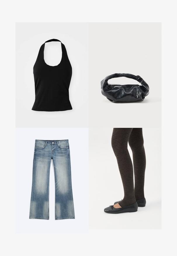 Μαύρο halter top από μαλακό ύφασμα, με στρογγυλή λαιμόκοψη και εφαρμοστή σιλουέτα, με λεία υφή και χωρίς ορατά σχέδια.; Μπλε ξεβαμμένο τζιν παντελόνι ίσιου ποδιού με μπροστινές τσέπες, θηλιές για ζώνη και κλείσιμο με κουμπί σε απλό φωτεινό φόντο.; Πόδια με σκουρόχρωμα ριμπ κολάν συνδυασμένα με μαύρα μπαλαρίνα παπούτσια με μικρές λεπτομέρειες φιόγκων σε λευκό φόντο.; Μαύρη τσάντα φτιαγμένη από γυαλιστερό, υφασμάτινο υλικό με κυκλική, στροβιλισμένη λαβή και κλείσιμο με φερμουάρ. Διαθέτει ένα μαλακό, ζαρωμένο σχέδιο.